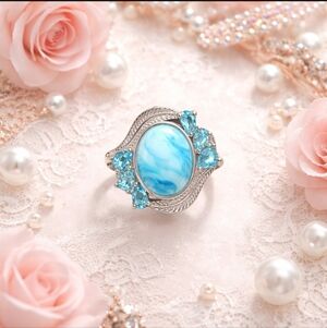 Eye Catching Oval Shell & Sea Blu Blue Zircon Ring Size 5